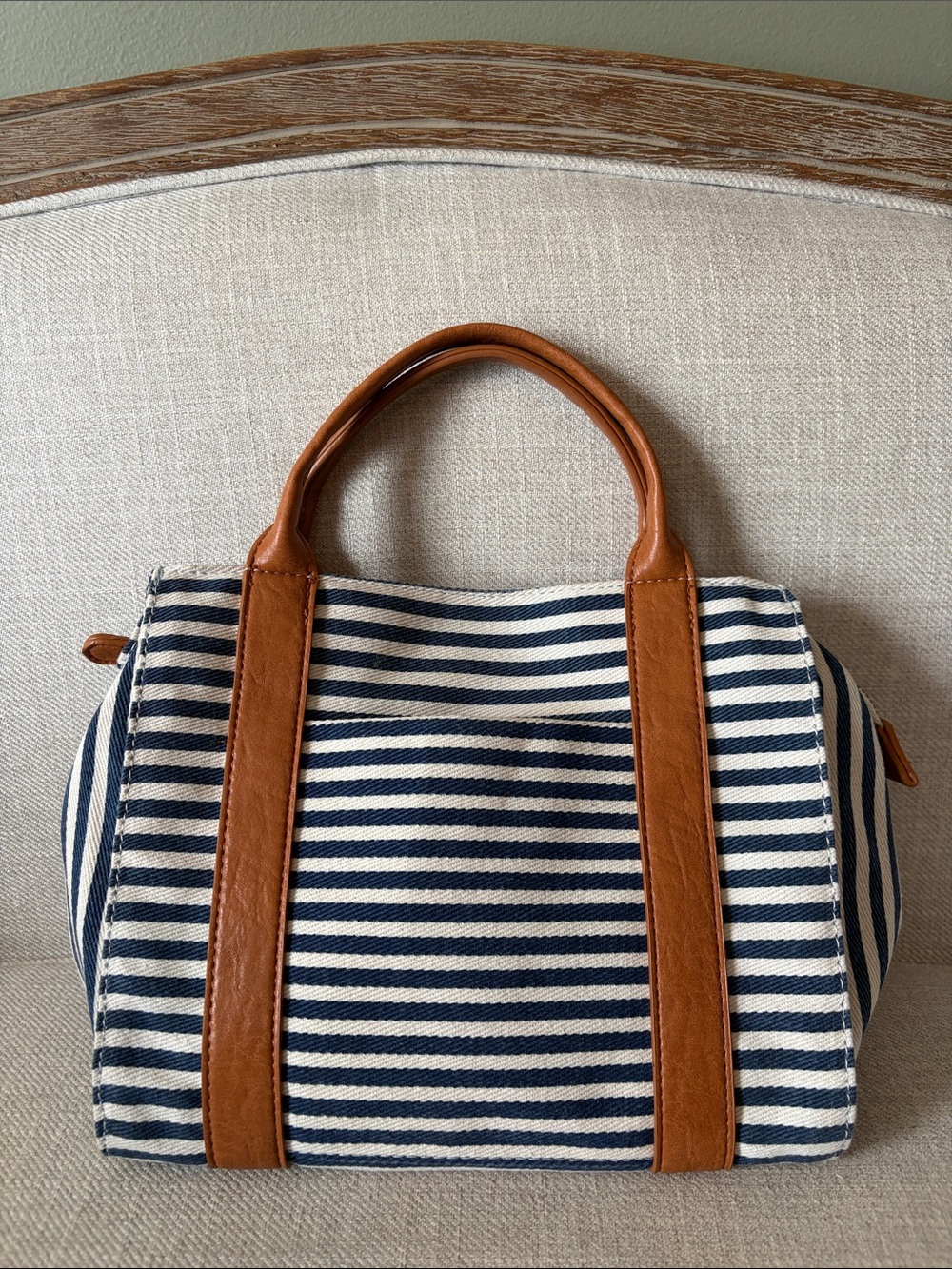 Joy Susan Striped Navy & White Canvas Satchel with Tan Leather Trim